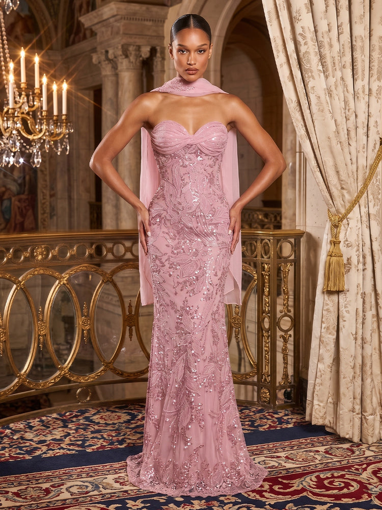 Lux Figure-Hugging Beaded Lace Strapless Matching Lightweight Shoulder Evening Dresses Shawl with Sequin Embroidery