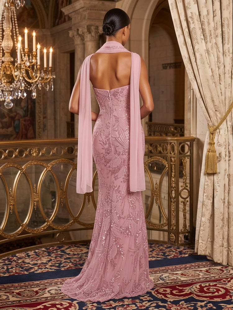 Lux Figure-Hugging Beaded Lace Strapless Matching Lightweight Shoulder Evening Dresses Shawl with Sequin Embroidery