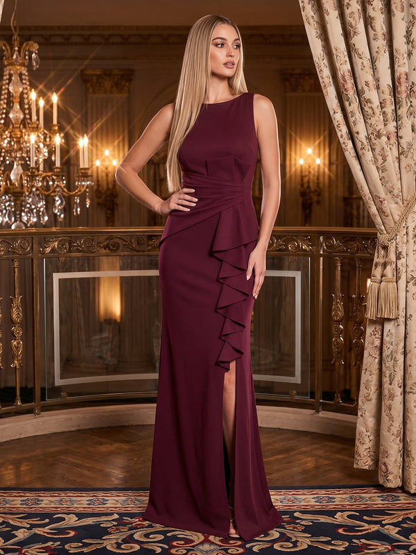 Sleeveless Cowl Neck Crepe Mermaid Asymmetrical Tiered Side Ruffle High Thigh Slit Solid Evening Dress