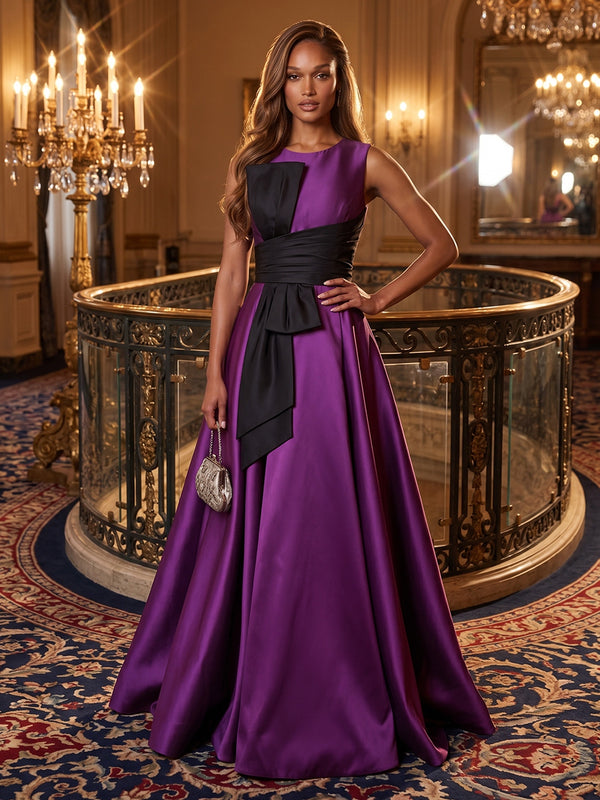 Round Neck Color Block Satin A-Line Evening Gown with Oversized Black Bow