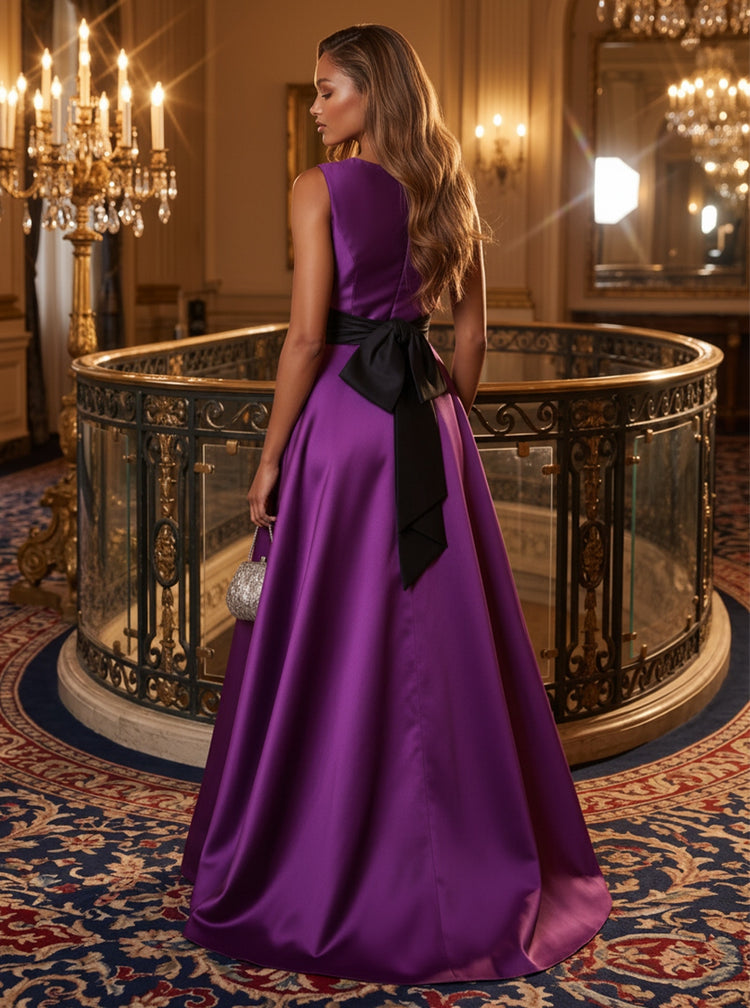 Round Neck Color Block Satin A-Line Evening Gown with Oversized Black Bow