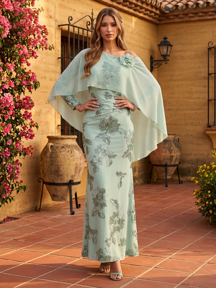 Romantic Flowy Cape Shawl Mermaid Vintage Floral Printed Chiffon Fabric Evening Gown with Floral Embroidery