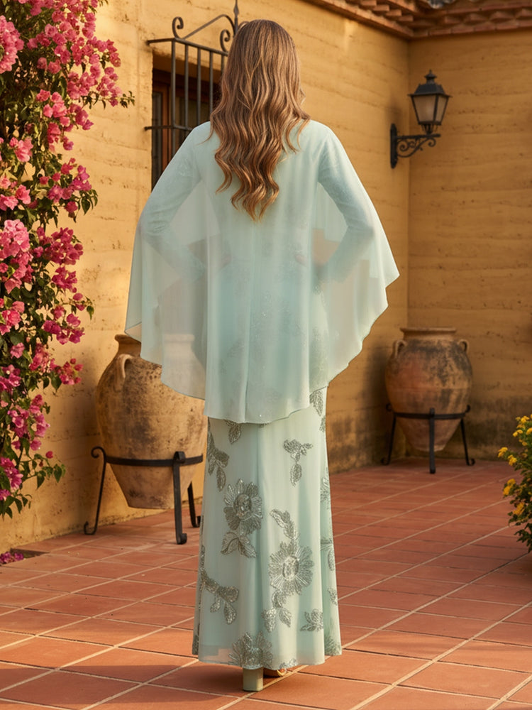 Romantic Flowy Cape Shawl Mermaid Vintage Floral Printed Chiffon Fabric Evening Gown with Floral Embroidery