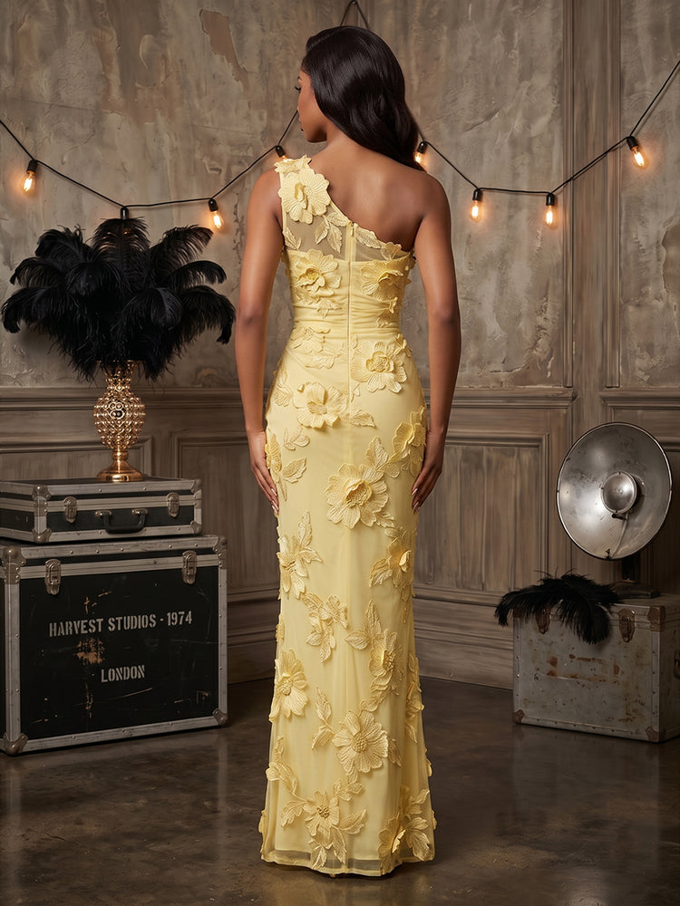 Tulle Mermaid One Shoulder Long Evening Dresses with Floral Embroidery