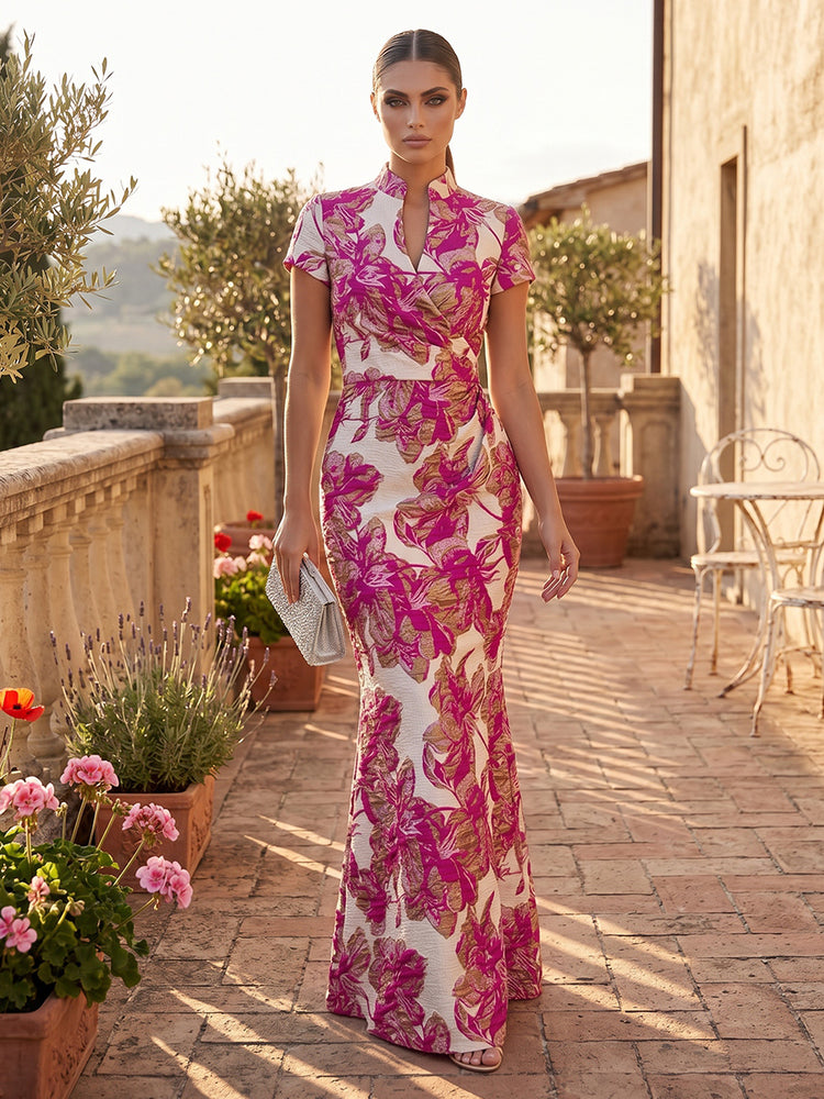 Elegant Retro Vintage Gold Floral JacquardTextured Brocade Short Sleeve Mermaid Evening Dresses