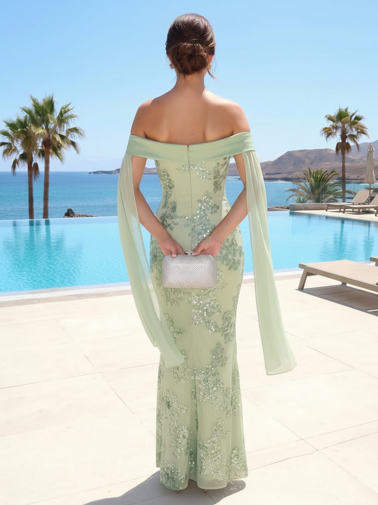 Tulle Mermaid Off the Shoulder Long Evening Dresses with Sequin Embroidery