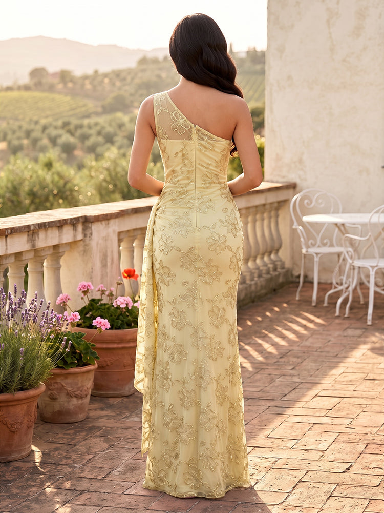 Tulle Mermaid One Shoulder Long Evening Dresses with Sequin