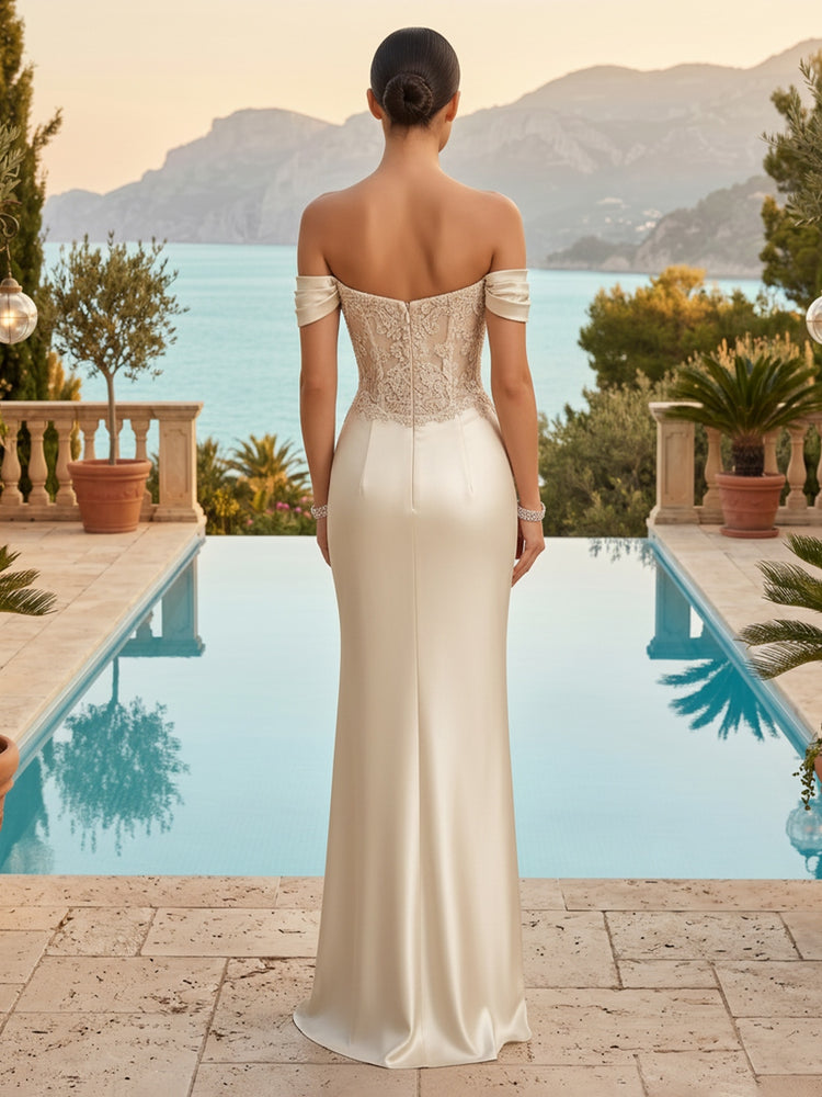 Satin Mermaid Off the Shoulder Long Evening Dresses with Lace Applique