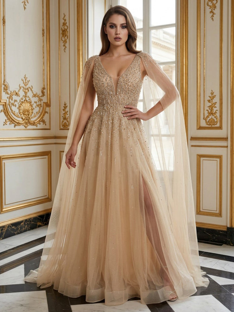 Sequin A-Line V Neck Long Evening Dresses with Pleats