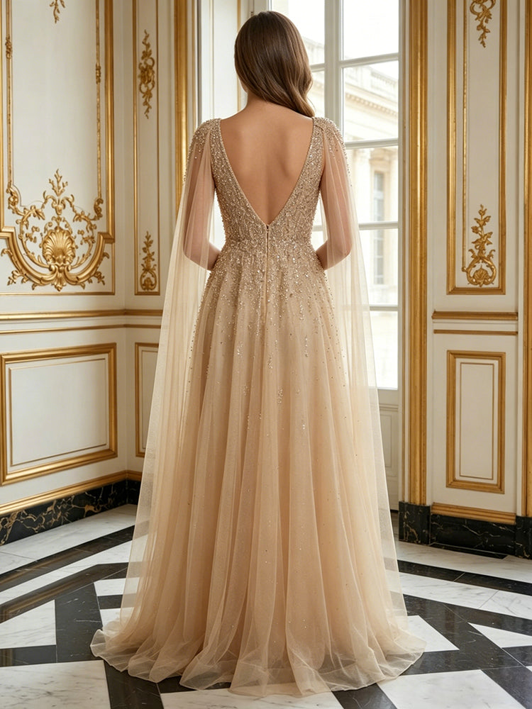 Sequin A-Line V Neck Long Evening Dresses with Pleats