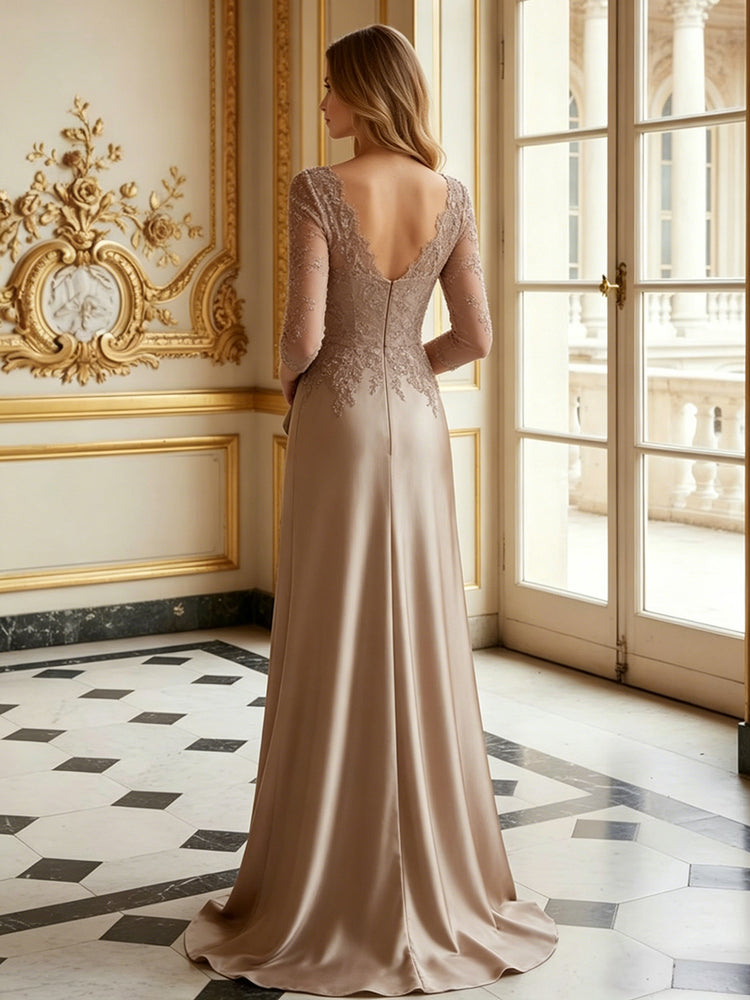 Satin A-Line V Neck Long Evening Dresses with Front Slit