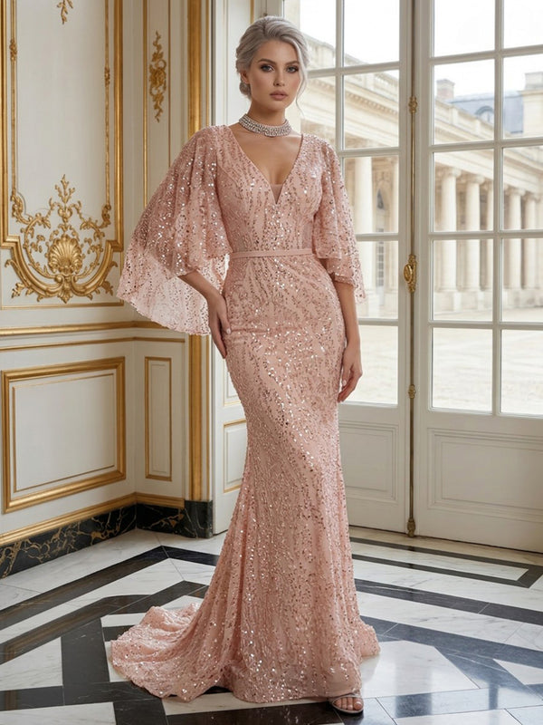 Sequin Mermaid V Neck Long Evening Dresses with Ruffles
