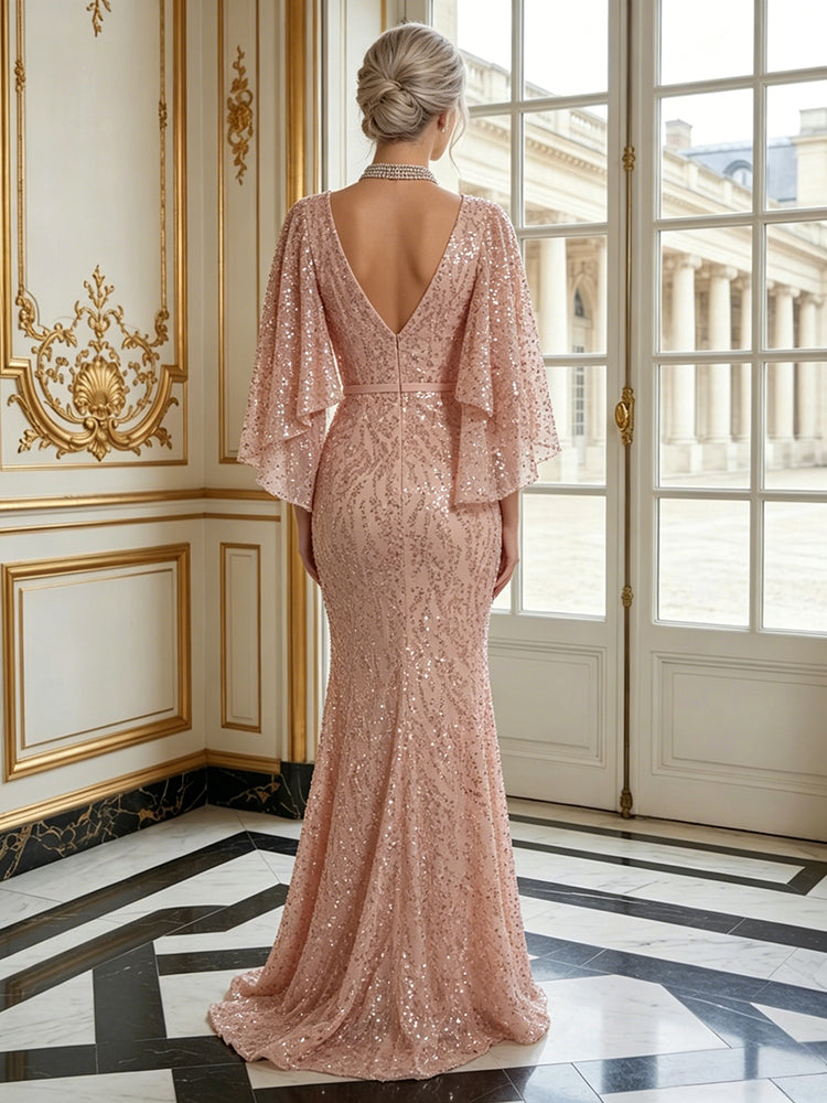 Sequin Mermaid V Neck Long Evening Dresses with Ruffles
