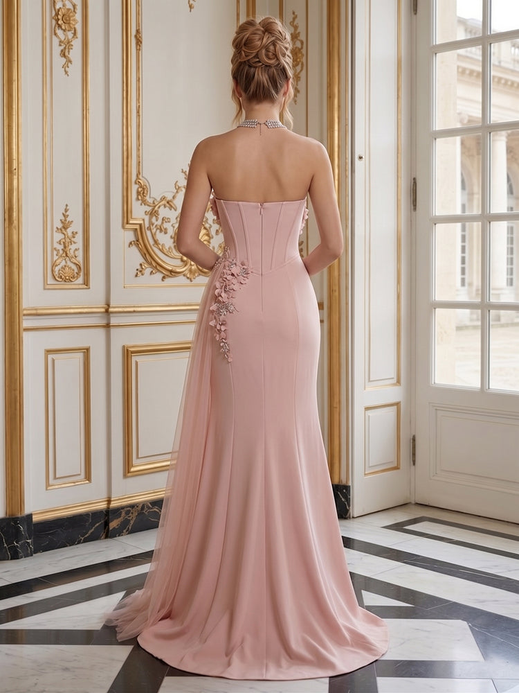 Crepe Mermaid Sweetheart Long Evening Dresses with 3D Flowers