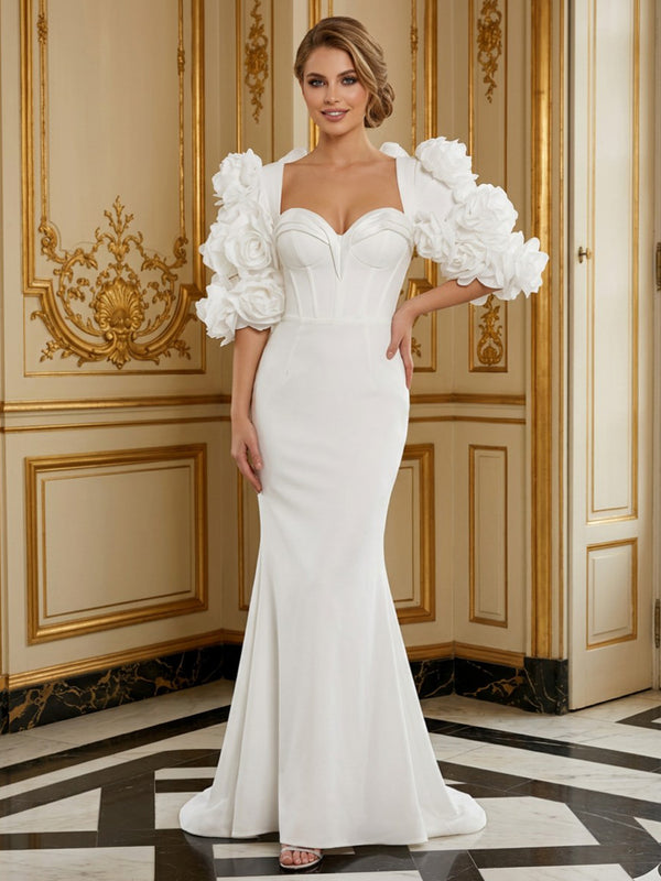 Satin Mermaid Sweetheart Long Evening Dresses with 3D Flowers
