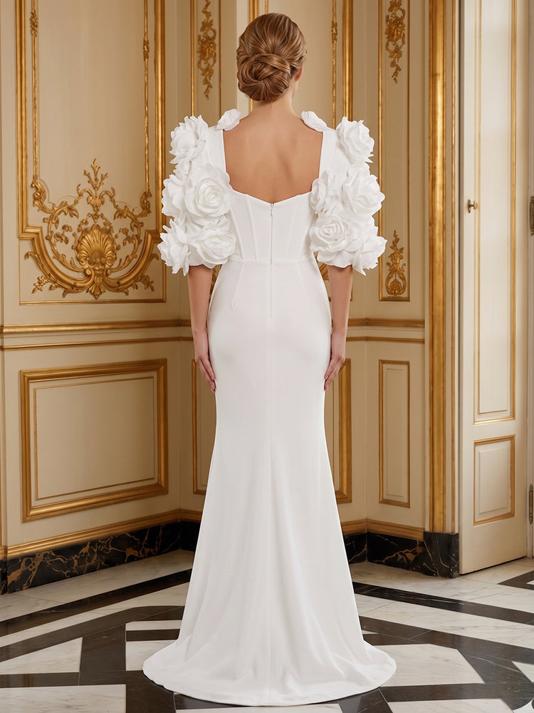 Satin Mermaid Sweetheart Long Evening Dresses with 3D Flowers