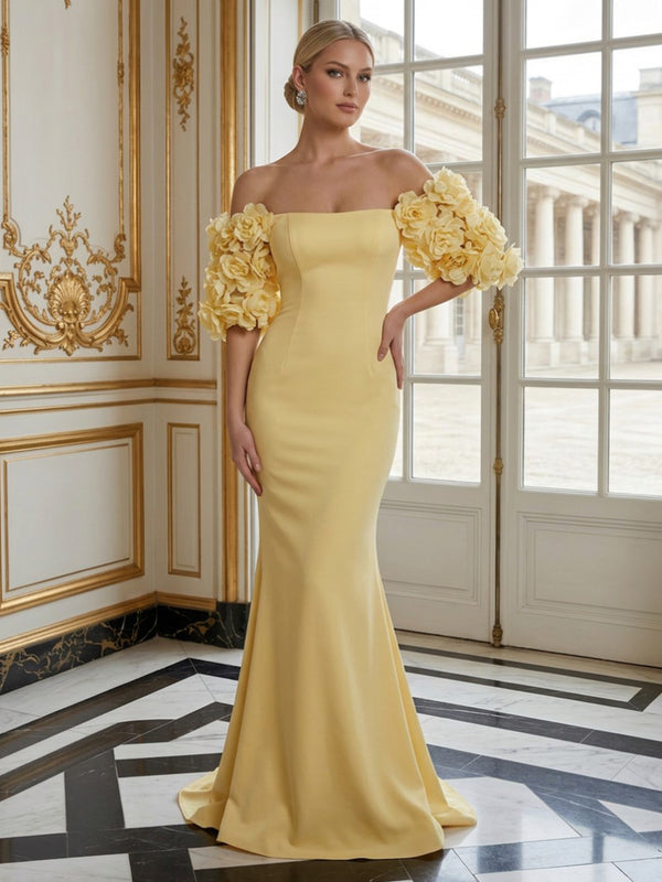 Satin Mermaid Off the Shoulder Long Evening Dresses with 3D Flowers