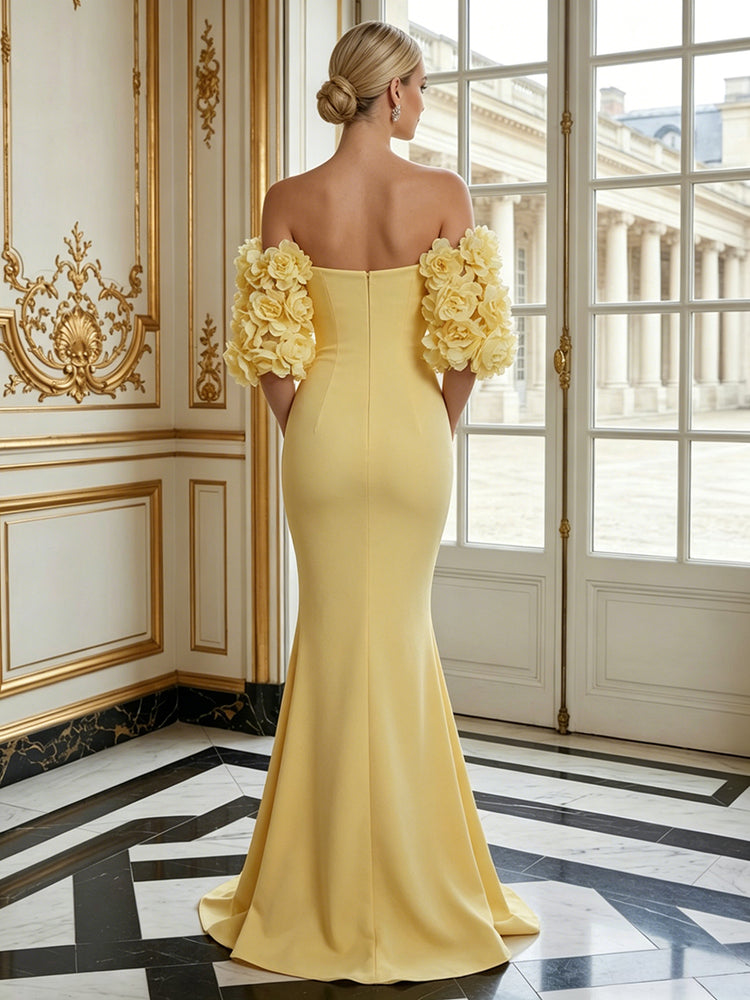Satin Mermaid Off the Shoulder Long Evening Dresses with 3D Flowers