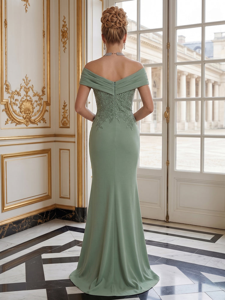 Satin Mermaid Off the Shoulder Long Evening Dresses with Applique