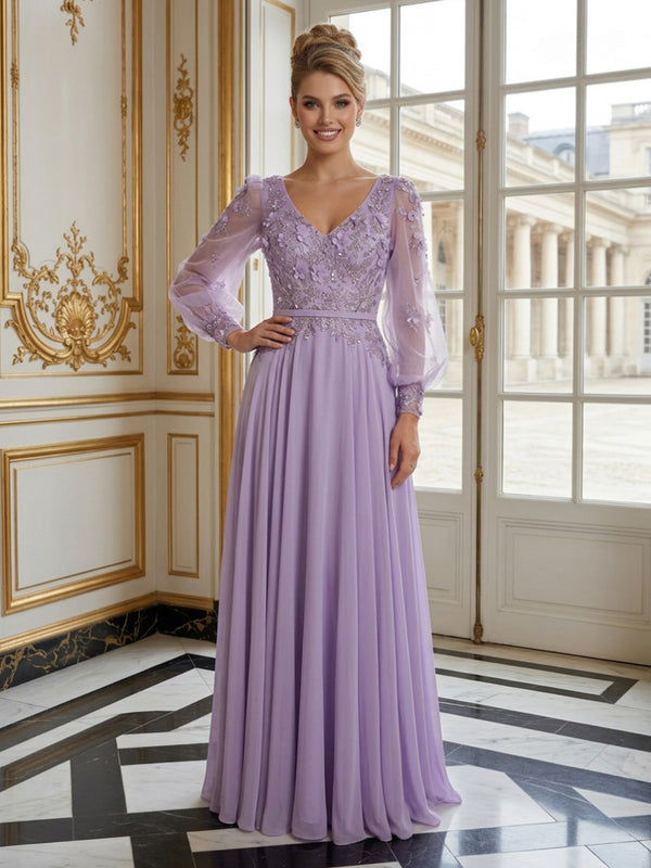 Chiffon A-Line V Neck Long Evening Dresses with Pleats