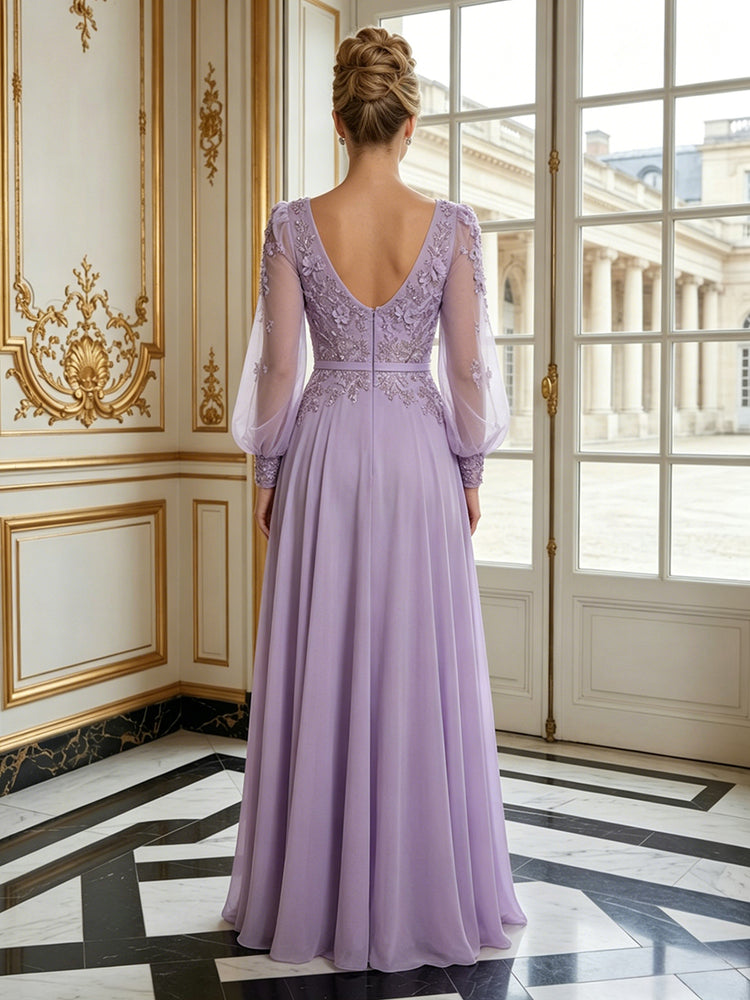 Chiffon A-Line V Neck Long Evening Dresses with Pleats