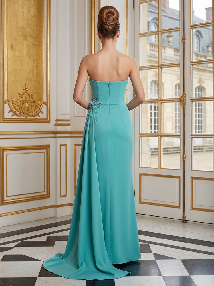 Crepe Sheath Strapless Long Evening Dresses with Floral Embroidery