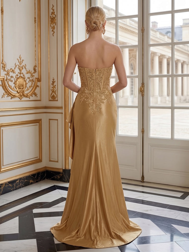Satin Mermaid Sweetheart Long Evening Dresses with Lace Applique