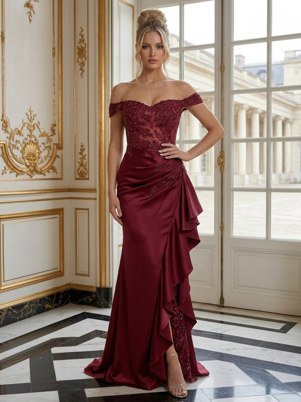 Satin Mermaid Off the Shoulder Long Evening Dresses with Slit