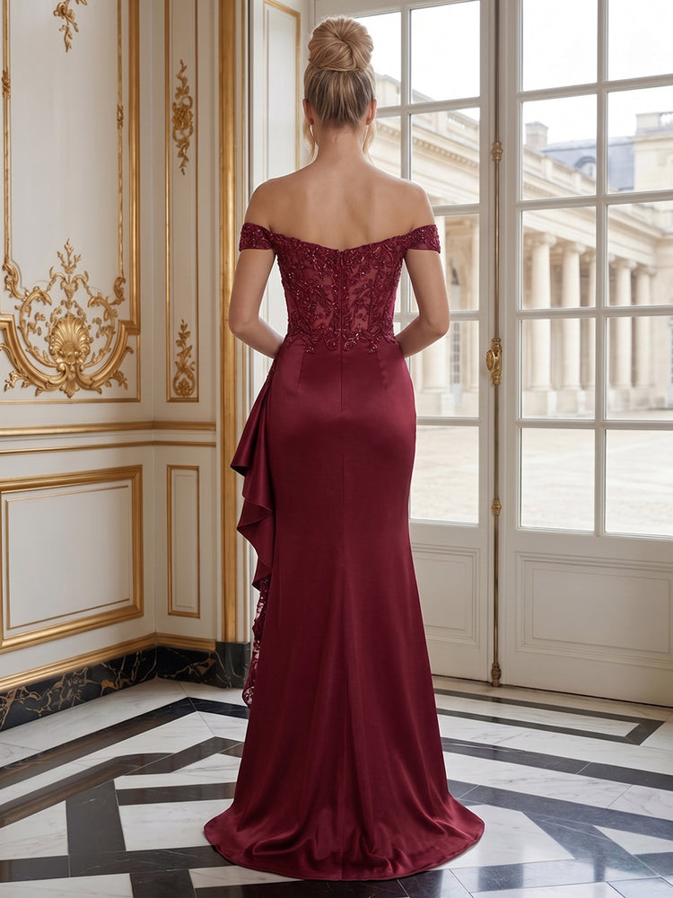 Satin Mermaid Off the Shoulder Long Evening Dresses with Slit