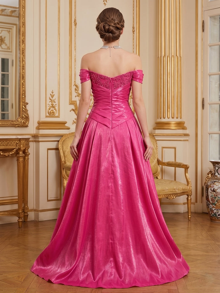 Metallic Satin A-Line Off the Shoulder Long Evening Dresses with Split Side