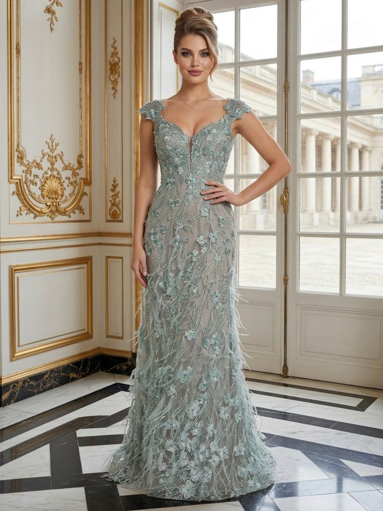 Tulle Mermaid Sweetheart Long Evening Dresses with Feather
