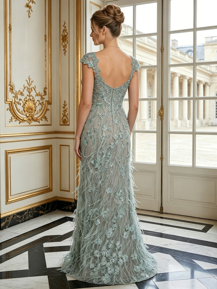 Tulle Mermaid Sweetheart Long Evening Dresses with Feather