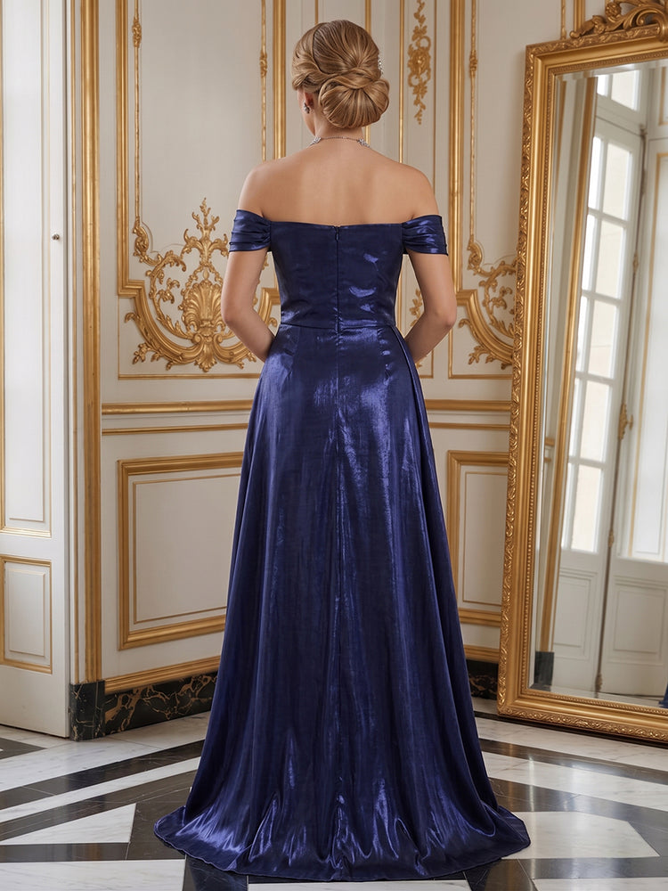 Metallic Satin A-Line Off the Shoulder Long Evening Dresses with Slit
