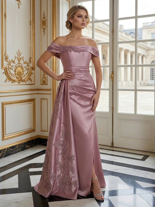 Satin A-Line Off the Shoulder Long Evening Dresses with Beadings
