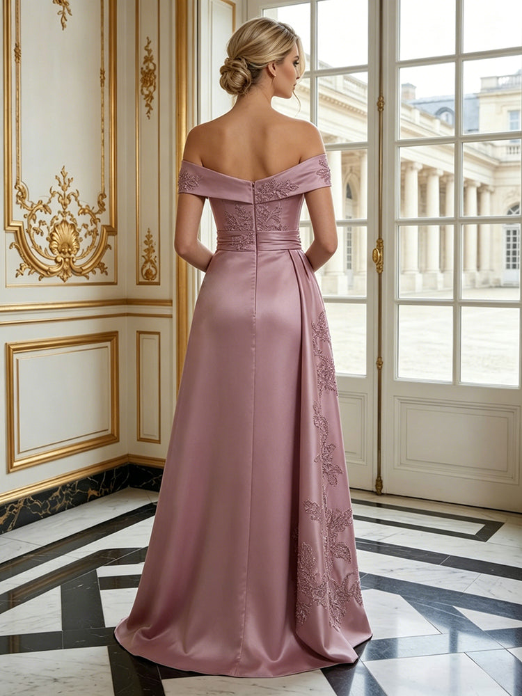 Satin A-Line Off the Shoulder Long Evening Dresses with Beadings