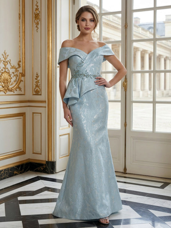 Jacquard Mermaid Off the Shoulder Long Evening Dresses with Beadings