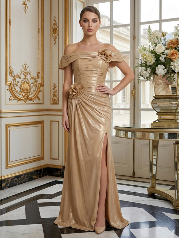 Metallic Satin Sheath Off the Shoulder Long Evening Dresses with 3D Flowers