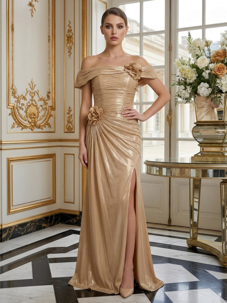Metallic Satin Sheath Off the Shoulder Long Evening Dresses with 3D Flowers