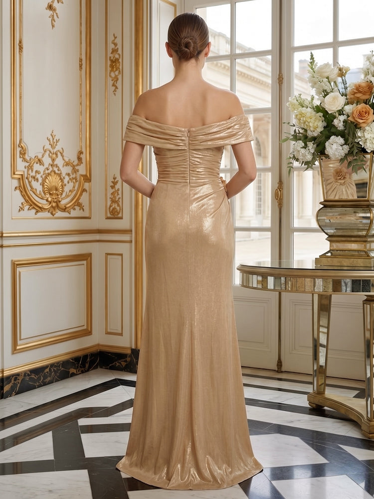 Metallic Satin Sheath Off the Shoulder Long Evening Dresses with 3D Flowers