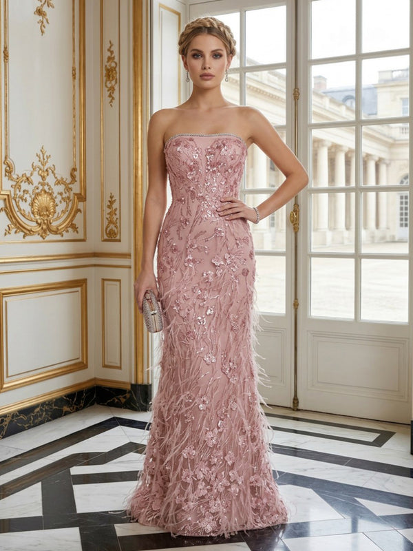 Tulle Mermaid Strapless Long Evening Dresses with Feather