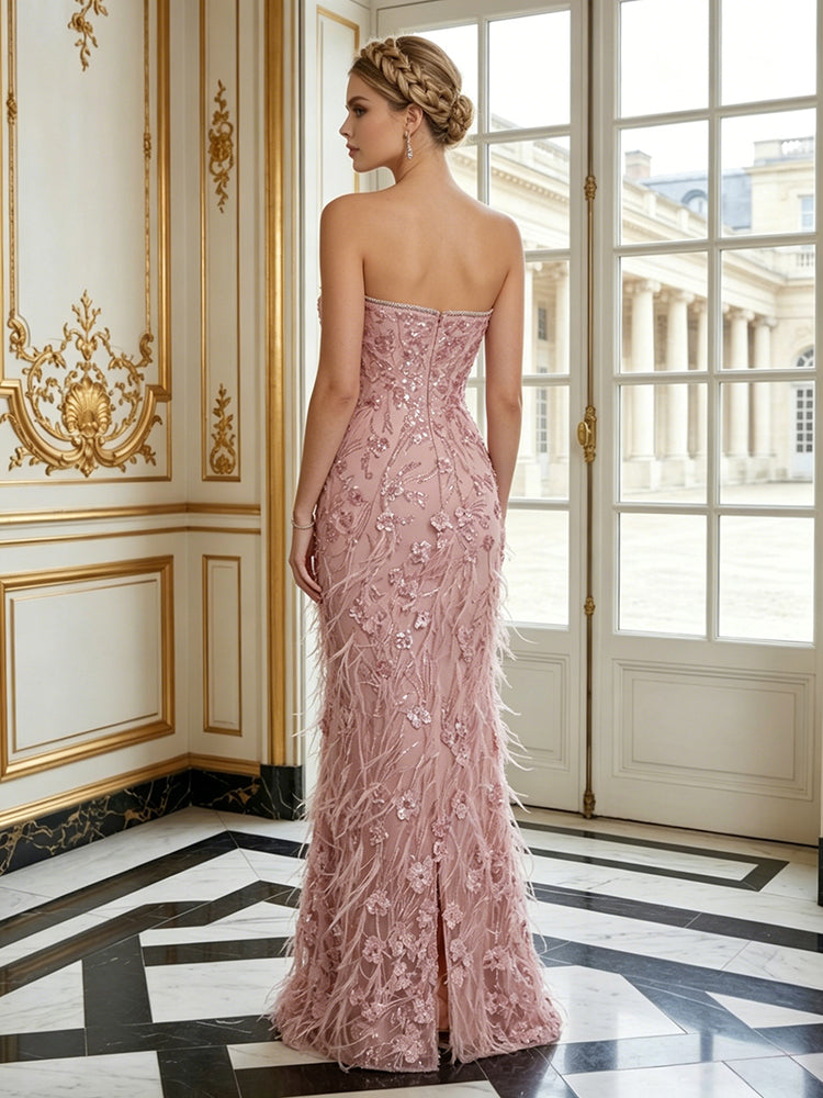 Tulle Mermaid Strapless Long Evening Dresses with Feather
