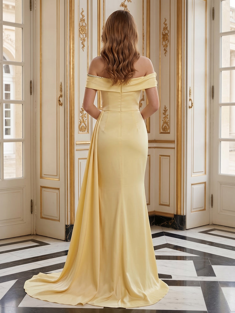 Satin Mermaid Off the Shoulder Long Evening Dresses with 3D Flowers