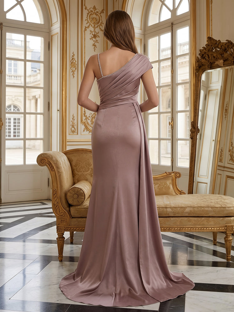 Satin Mermaid One Shoulder Long Evening Dresses with 3D Flowers