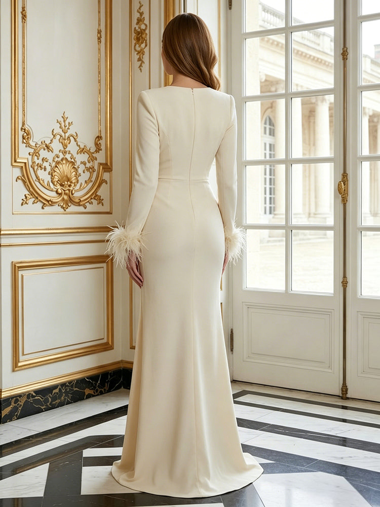 Satin Mermaid V Neck Long Evening Dresses with Feather
