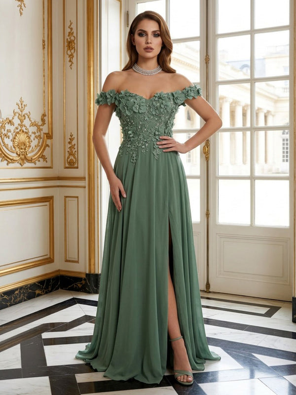 Satin Chiffon A-Line Off the Shoulder Long Evening Dresses with 3D Flowers
