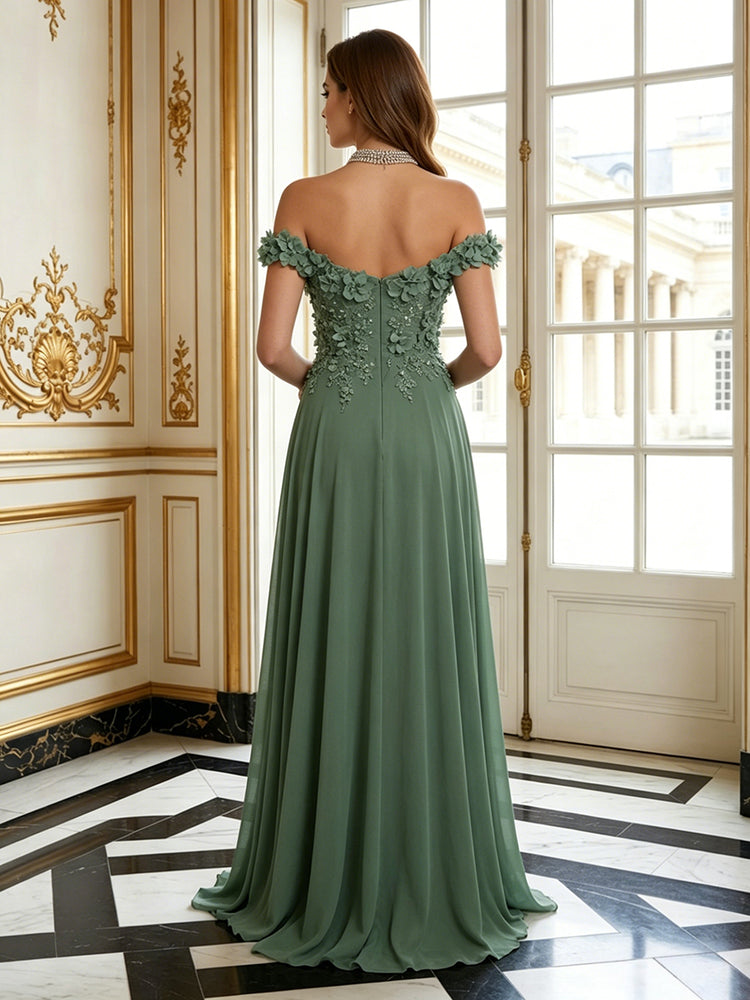 Satin Chiffon A-Line Off the Shoulder Long Evening Dresses with 3D Flowers