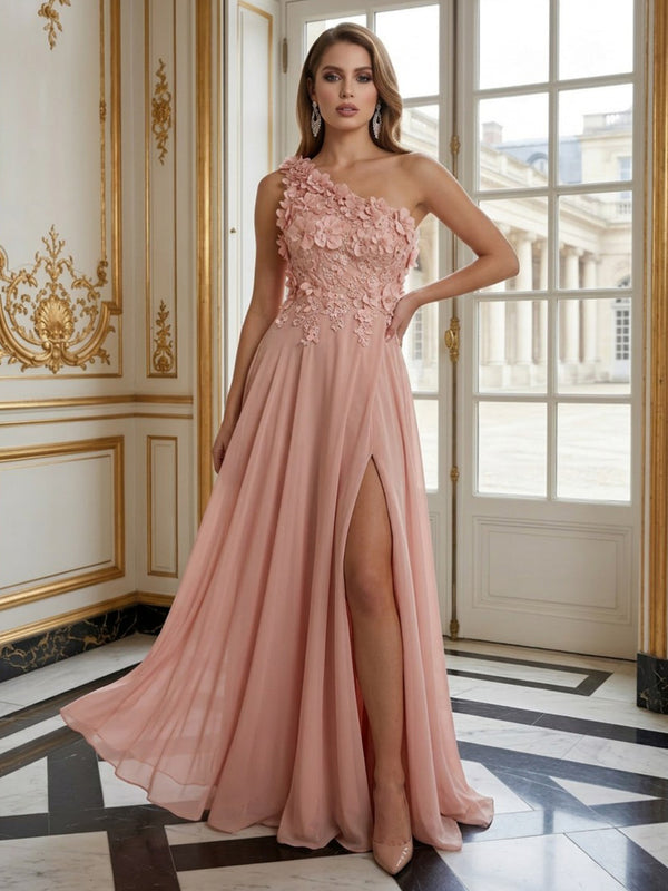 Chiffon A-Line One Shoulder Long Evening Dresses with 3D Flowers