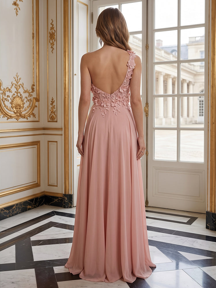 Chiffon A-Line One Shoulder Long Evening Dresses with 3D Flowers