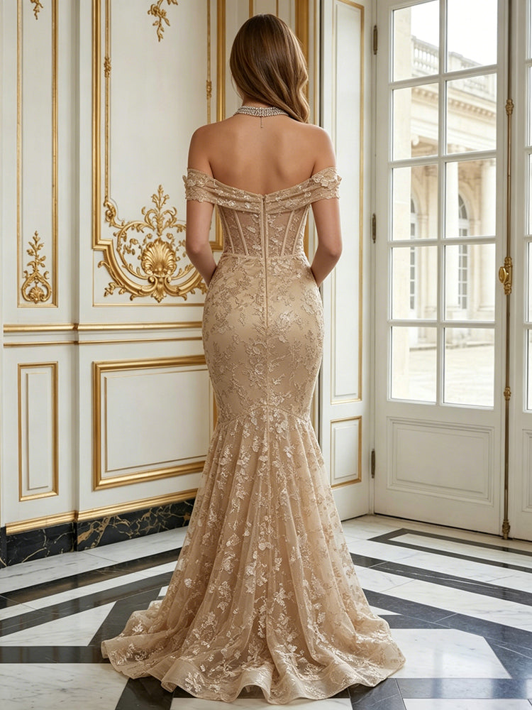 Tulle Mermaid Off the Shoulder Long Evening Dresses with Lace Applique