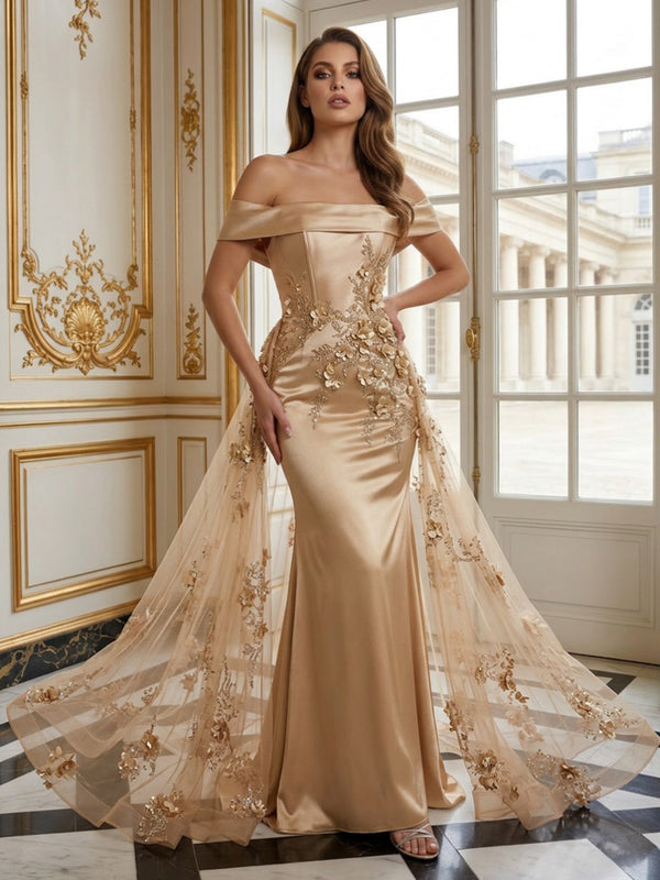 Satin Mermaid Off the Shoulder Long Evening Dresses with 3D Flowers